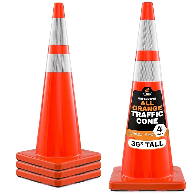 Xpose Safety 36 Inch Orange Traffic Cones Heavy Duty 12lb with 6" & 4" Collars, 4 Pack - Multipurpose PVC Plastic Safety Cone for Parking, Soccer, Caution, Kids and Construction - DOT Approved