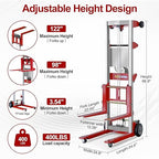 122" Material Lift Winch Stacker, 400 lbs Capacity Manual Material Lifts, Fixed Straddle Material Lifter, Hand Winch Lift Trucks for Warehouse, Factory, Lightweight, 34.60" L x 24.80" W, Red