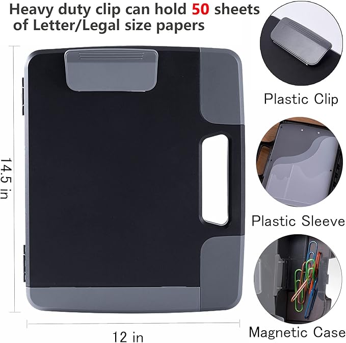 Plastic Storage Clipboard with Handle – Heavy Duty Clipboard, Portable Side-Opening Organizer Case for Letter/Legal Size Paper (14.5”x12”x1.75”) – Office, School, Construction & Outdoor Use