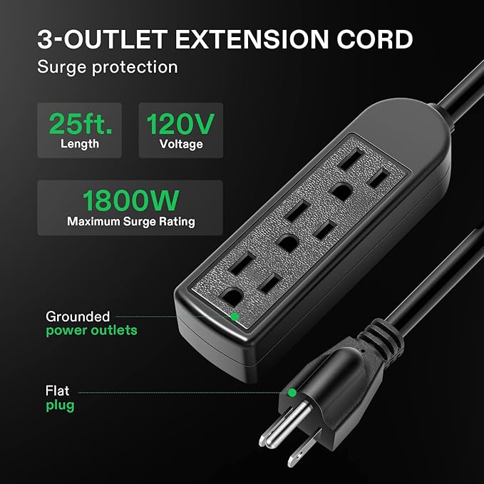 VIVOSUN 25 ft Extension Cord, 3-Outlet Power Strip with 1800W Surge Protection, 15A 14 AWG, Flat Heavy Duty Extender for Indoor Outdoor Use, Garden Home Office, Black