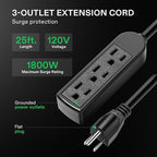 VIVOSUN 25 ft Extension Cord, 3-Outlet Power Strip with 1800W Surge Protection, 15A 14 AWG, Flat Heavy Duty Extender for Indoor Outdoor Use, Garden Home Office, Black