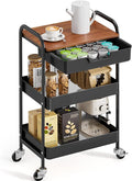TOOLF 3-Tier Utility Rolling Cart with Wooden Board and Drawer, Metal Storage Cart with Handle, Black Trolley Kitchen Organizer Rolling Desk with Locking Wheels for Office, Classroom, Home, Bedroom