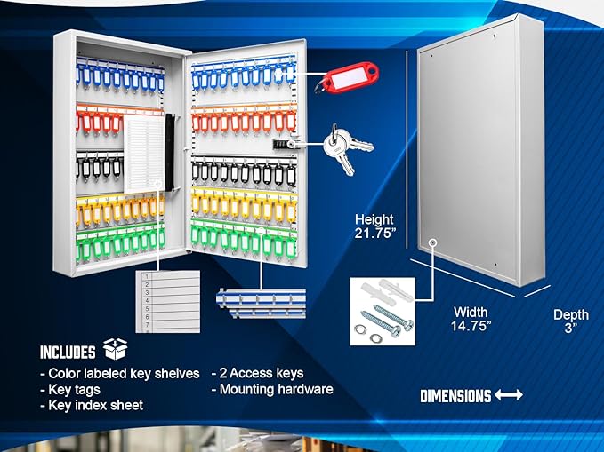 Barska 100 Position Combination Key Lock Box – Wall Mount Steel Key Cabinet with Adjustable Numbered Hooks, Index Log, Colored Tags for Office or Business