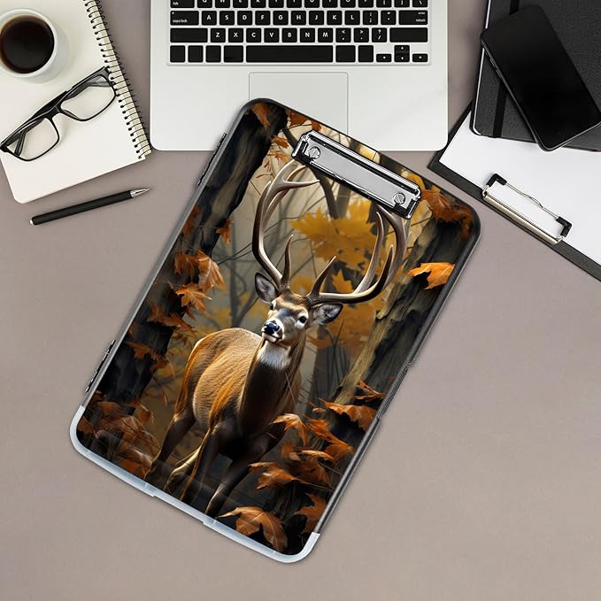 Clipboard with Storage,Office Supplies Nursing Clipboards Folder with Pen Holder Plastic Storage ClipBoard Foldable for Teacher Nurse,Camouflage Forest Deer