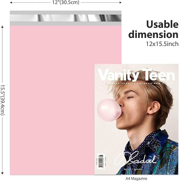 Fuxury 500 Pcs 12x15.5 Inch Poly Mailers, Bulk Shipping Bags for Clothing, Strong Adhesive Shipping Envelopes for Small Business Suppliers,Waterproof Mailers Poly Bags Mailing Envelopes,Light Pink
