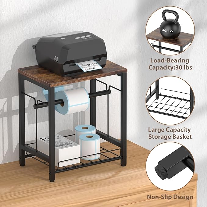 NANANARDOSO Label Holder for Thermal Printer with Basket,Wooden Label Holder for Shipping Label Printer,Sticker Roll Holder for Home, Office Small Business,Brown