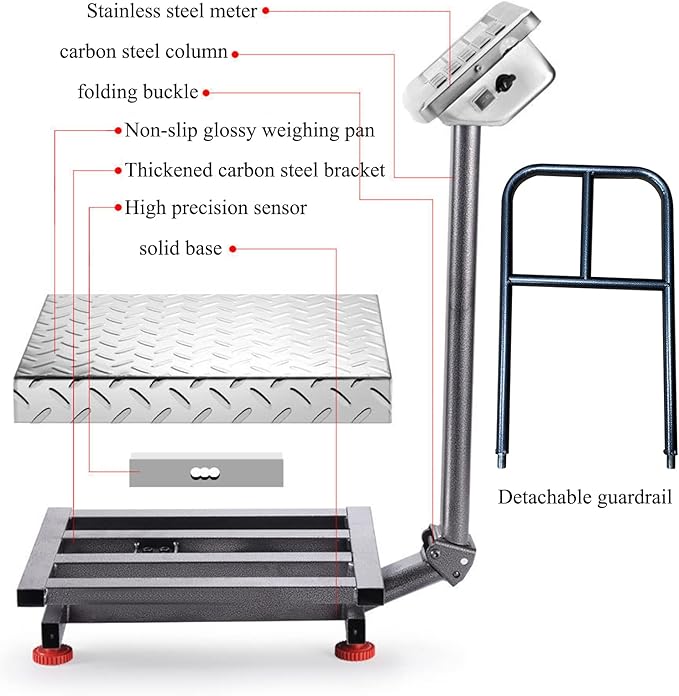 660lb Industrial Platform Scale with Removable Guardrail Digital Scale with Accurate LB/KG High-Definition Displa Foldable for Weighing Luggage Package Shipping Double Sided Display
