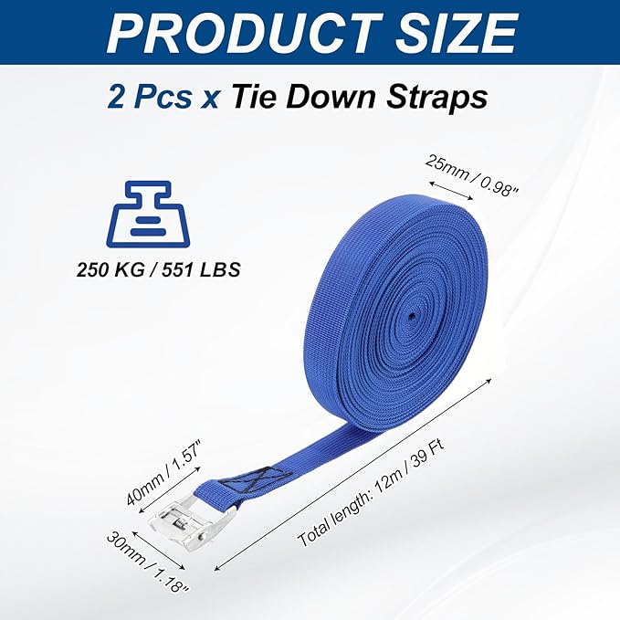 PATIKIL Lashing Straps 1" x 39 Ft, 2 Pcs Tie Down Strap Cam Buckle Adjustable Ratchet Straps 551 lbs for Cargo Trucks Motorcycle Luggage, Blue