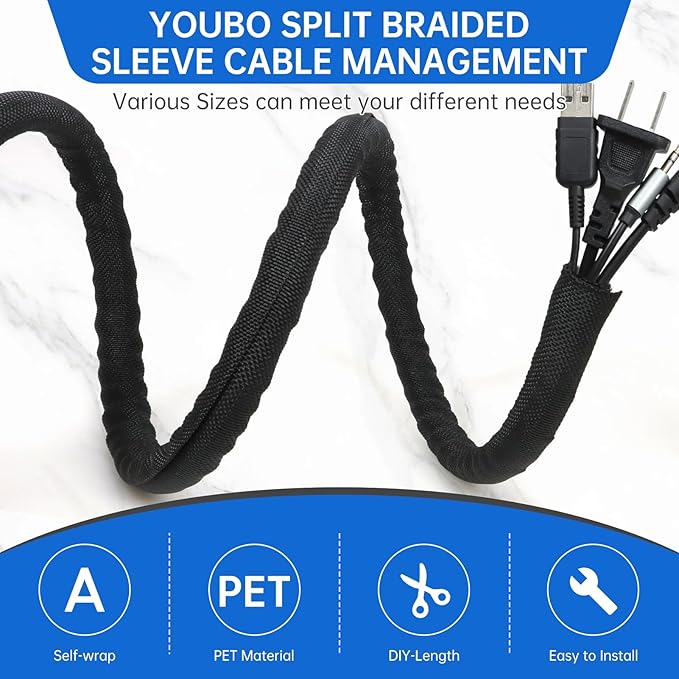 Split Braided Cable Sleeve，Flexible Wire Loom Tubing, Automotive Cord Protector Pet Proof, Cable Management for Computer TV Electric Wires Harness 16ft (Black, 16mm（5/8")