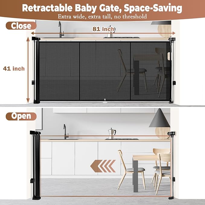 81" Retractable Baby Gate Extra Wide, 41" Tall Retractable Dog Gate for Stairs, Doorways, Decks, Mesh Gate Long Child Gate Pet Gate for Indoor, Outdoor, with Reinforced Mesh Rods, Dual Locks