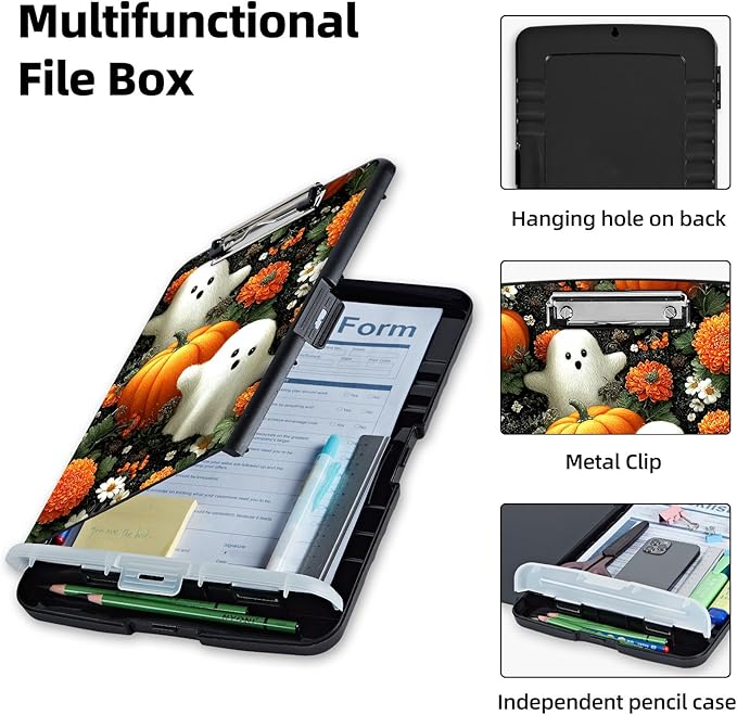 Clipboard with Storage Box & Pen Holder,Heavy Duty Clip Boards 8.5x11 for Nursing,High Capacity,School & Office Supplies,Pumpkins Ghosts