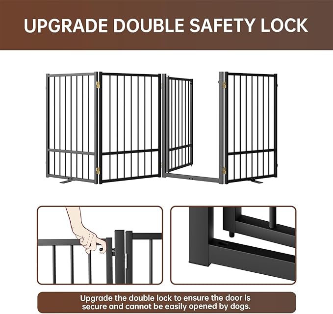 4 Panels Full Metal Freestanding Dog Gates with Door, 80” W x 32” H Folding Pet Gate Fence with Support Feet for Indoor,Stairs, Hallways and Doorways(Black)