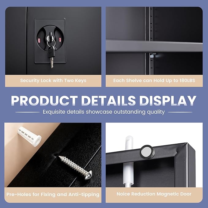 Metal Storage Cabinet, Wide & Deep Storage Cabinet with 2 Doors and Adjustable Shelves, Lockable Tool Cabinet for Garage,Home Office and School (Black)