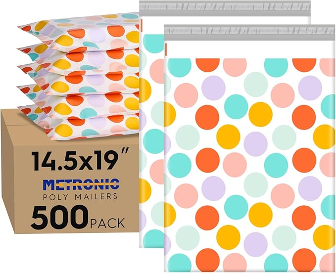 Metronic Poly Mailers 14.5x19 Inch 500pc Shipping Bags for Clothes,Self Adhesive Shipping Envelopes for Small Business,Waterproof Mailers Poly Bags for Shipping,Packaging Mailing Bags Color Polka Dots