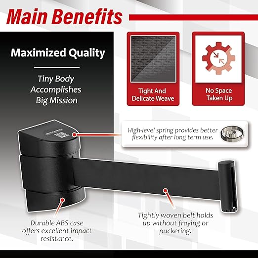 DuraSteel Wall Mount Crowd Control Retractable Belt Barrier - 9.2 Ft Black Retractables Barrier Belt w/ABS Casing Do Not Enter Crowd Control Barriers Line Divider NOT Stanchions with Retractable Belts
