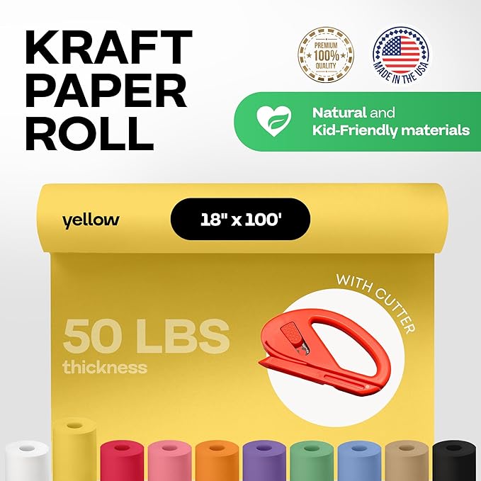 Yellow Kraft Paper Roll 18" x 1200" (100 feet) with Cutter - USA-Made Gift Wrapping Paper for Packing, Moving, Shipping & Crafts/Arts - 100% Recyclable Natural Craft Material by IDL Packaging