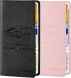 2Pack Leather Car Registration and Insurance Card Holder, Car Document Holder for Cards License with Magnetic Shut (Pink+Black)