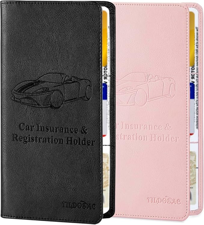 2Pack Leather Car Registration and Insurance Card Holder, Car Document Holder for Cards License with Magnetic Shut (Pink+Black)