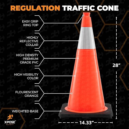 Xpose Safety 28 Inch Orange Traffic Cones with 6" Collar - 1 Pack Multipurpose PVC Plastic Safety Cone for Parking, Soccer, Caution, Kids and Construction - DOT Approved