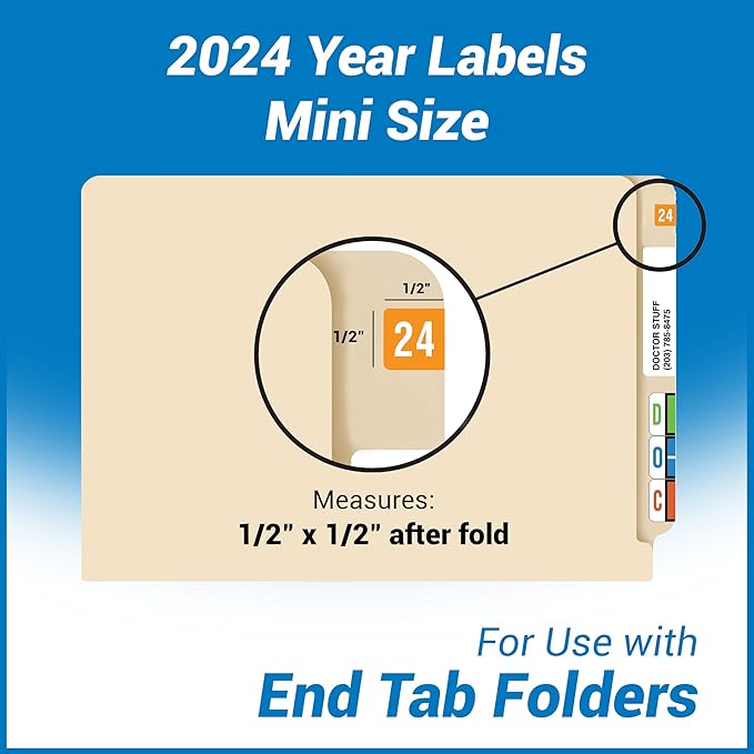 2024 MINI Year Stickers, Orange, Compatible with Smead ETS Series, Doctor Stuff 2024 Chart Stickers, USA Made Year Labels for End Tab File Folders, 250/Pack, 1 Package, 1/2" x 1" - Small Labels