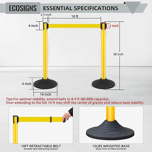 ECOSlGNS 6 Pack Stanchions with 10ft Retractable Belts - Yellow Stanchion Posts Set Crowd Control Barriers Line Dividers with Weighted Rubber Base & Sign Holders for Queue Management