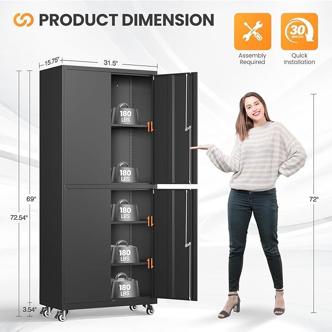 4 Door Garage Storage Cabinets with wheels, Metal Rolling Tool Cabinet with Lock, Locking Garage Caninet on wheels with Shelves, Steel Tall Tool Cabnets Locker for Workshop/Home/Office - (Black 73”H)