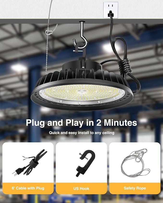 UFO LED High Bay Light 400W 4Pack, High Bay LED Light 1600W MH/HPS Eqv. Dimmable High Bay 6' Cable with US Plug, Hanging Hook, Safe Rope for Warehouse Factory Barn Shop