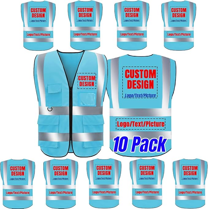 Safety Vest 10 Pack Customize Logo Class 2 High Visibility Reflective Vest with 5 Pockets Construction Security Work Vest ANSI/ISEA Standards