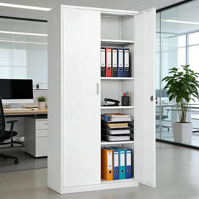 VINGLI Metal Garage Storage Cabinet with 2 Doors and 5 Adjustable Shelves, 71" Tall Steel Lockable File Cabinet, Locking Tool Cabinets for Home Office Garage Gym School (White)