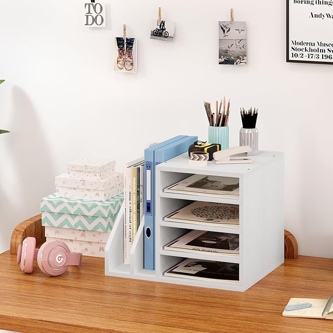 Wood Desk Organizer File Holder, Wooden Mail Organizer Countertop with Adjustable Compartments, Desktop File Organizer Paper Sorter for Home, Office and School, Envelope Organizer, White