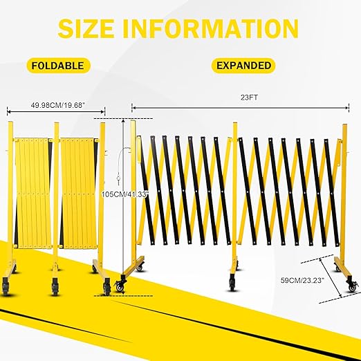 23FT Traffic Barricade with Casters, Metal Expandable Barricade, Folding Security Gate, Retractable Fence Outdoor Barricade Fence for Construction Area, Traffic Control(2pc)