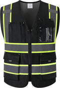 9 Pockes Black Reflecive Safety Vest for Men with Double Stitching Knots around All Pockets and Zipper High Visibility Mesh Construction Work Vest,Meets ANSI/ISEA Standards(EK176-Black-XL)