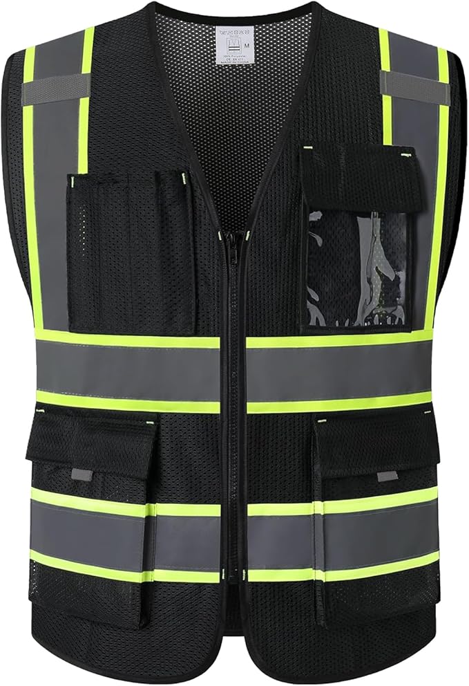 9 Pockes Black Reflecive Safety Vest for Men with Double Stitching Knots around All Pockets and Zipper High Visibility Mesh Construction Work Vest,Meets ANSI/ISEA Standards(EK176-Black-M)