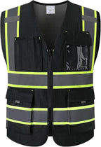 9 Pockes Black Reflecive Safety Vest for Men with Double Stitching Knots around All Pockets and Zipper High Visibility Mesh Construction Work Vest,Meets ANSI/ISEA Standards(EK176-Black-L)