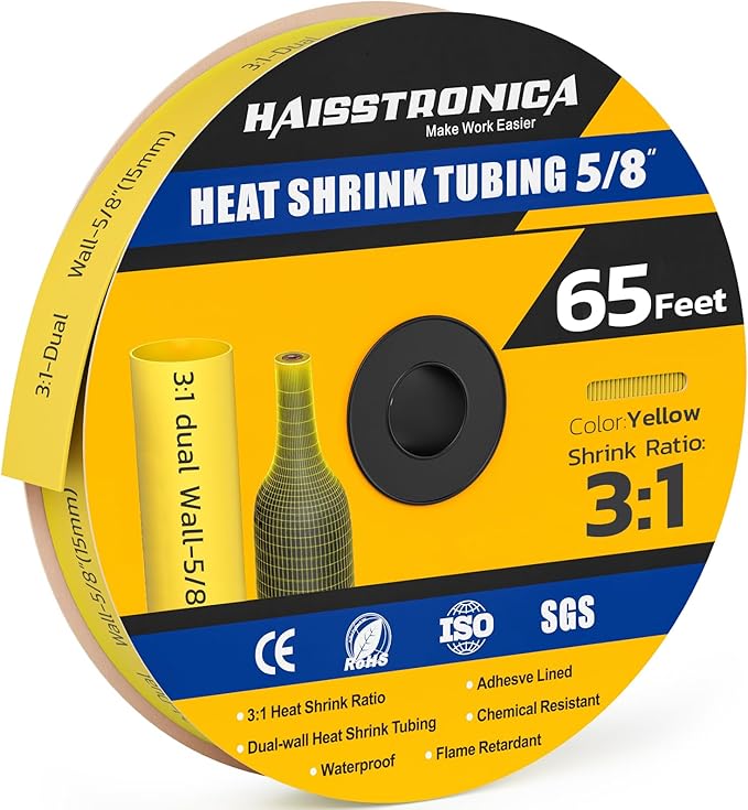 haisstronica 3:1 Heat Shrink Tubing, Shrink Ratio Adhesive Lined Marine Grade Heat Shrink Tube for Home, Automotive and Industrial (Yellow) 65FT 5/8inch
