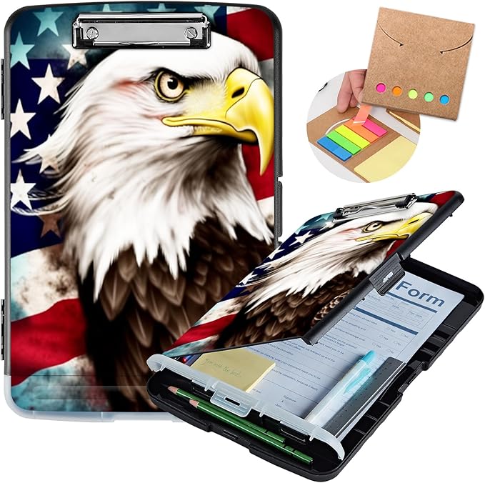 Clipboard with Storage,Heavy Duty Plastic Storage Clipboard with Low Profile Clip,Teacher Must Haves,Office Supplies,American Flag Owl