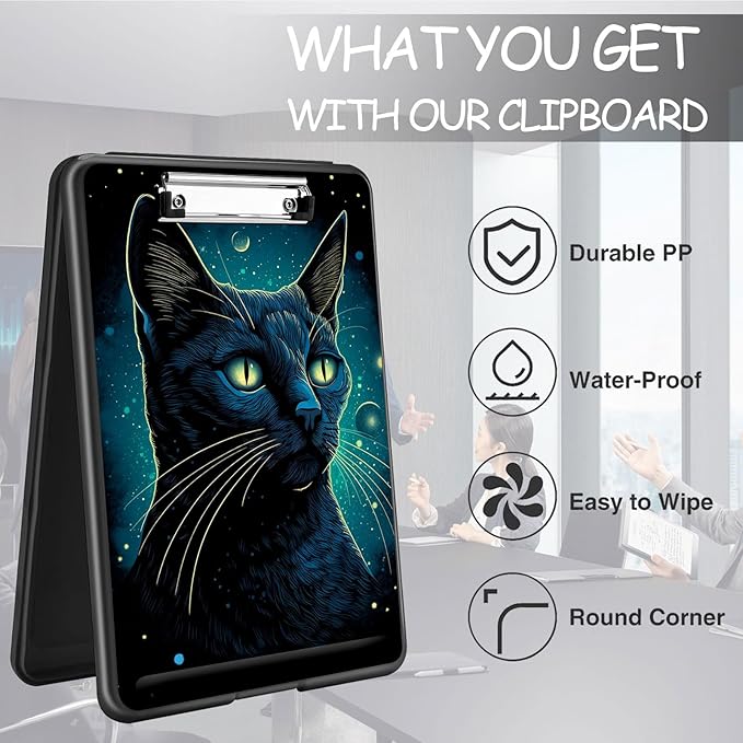 Clipboard with Storage, High Capacity Plastic Storage Clipboard with Pen Holder for Women Teachers Work, School & Office Supplies, Cute Pattern Decorative Clipboards, Planet Cat