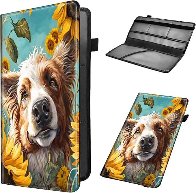 Car Registration and Insurance Holder, Leather Car Glove Box Organizer, Cool Car Accessories for ID, Driver's License Cards & Essential Document,business cards,Men&WomenDog Sunflower
