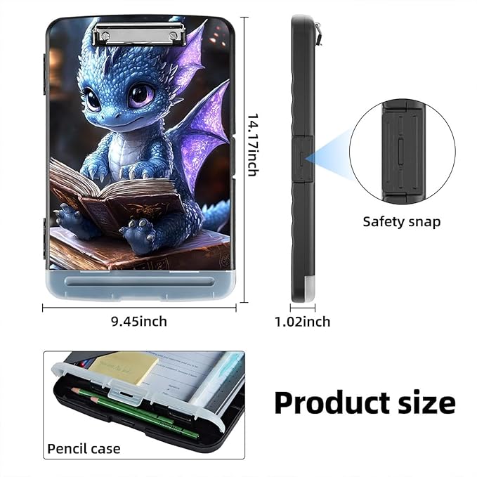 Clipboard with Storage Box & Pen Holder,Heavy Duty Clip Boards 8.5x11 for Nursing,High Capacity,School & Office Supplies,Dragon Reading Book