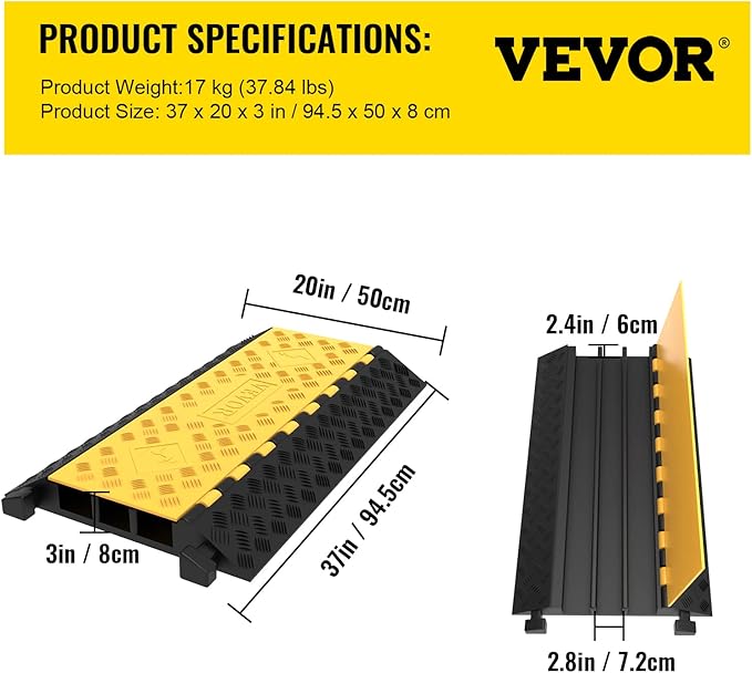 Happybuy 1 Pack of 3-Channel Rubber Cable Protector Ramps Heavy Duty 44000Lbs Load Capacity Cable Wire Cord Cover Ramp Speed Bump Driveway Hose Cable Ramp Protective Cover