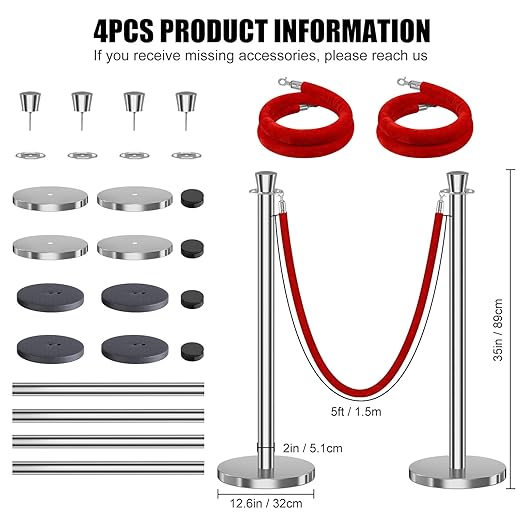 kaiyomi 4Pcs Stanchions with Red Velvet Ropes Set, 5 Feet Velvet Ropes and Posts Poles for Red Carpet Party Decoration and 360° Photo Booth (Silver)