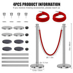 kaiyomi 4Pcs Stanchions with Red Velvet Ropes Set, 5 Feet Velvet Ropes and Posts Poles for Red Carpet Party Decoration and 360° Photo Booth (Silver)
