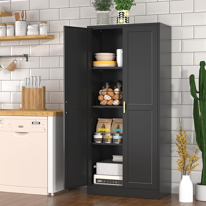 60 Inch Tall Pantry Cabinet, Metal Kitchen Storage Cabinet with Doors and Shelves, Black Cupboard for Food Storage, Freestanding Cabinet for Living Room, Dining Room - Assembly Required