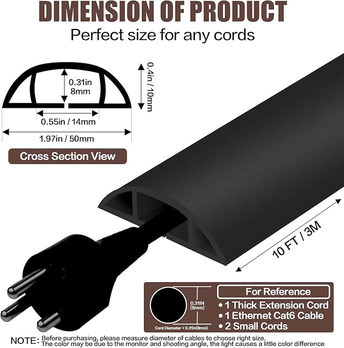 Floor Cord Cover Self Adhesive Cord Hider,10FT Cable Management, Extension Strip Protector for Wires, Prevent Cable Trips for Offices, Gyms, Exhibitions Cavity:0.47"(W) x 0.35"(H) Black