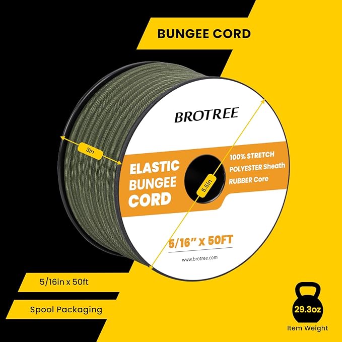 Bungee Cord Elastic Shock Cord 5/16" x 50' Bungee Rope for DIY, Tie Downs, Kayak and Outdoor - Army Green