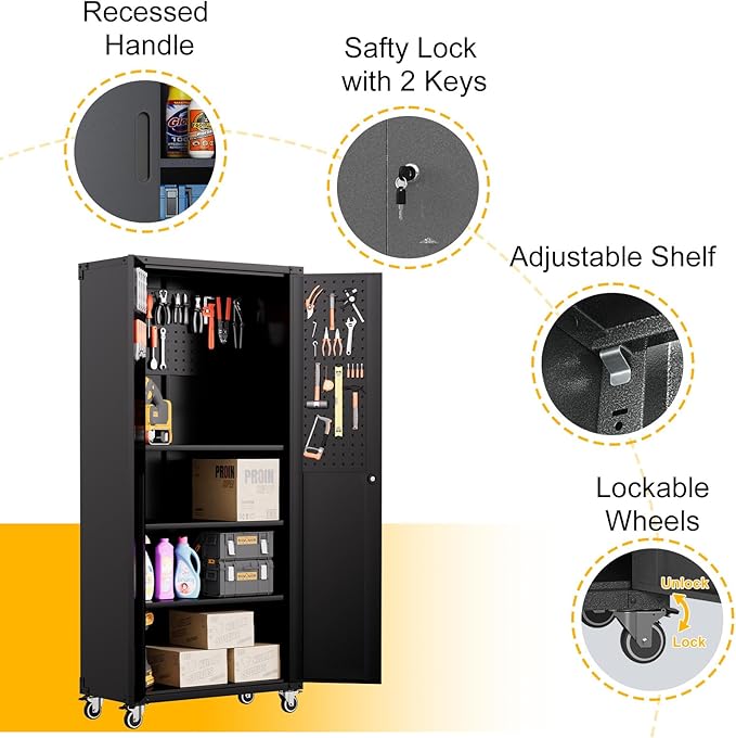 71"H Metal Storage Cabinet with Wheels, Tall Rolling Garage Cabinet with 3 Adjustable Shelves & Locking Doors & Pegboards, Heavy-Duty Tool Cabinet for Home Office, Workshop, Warehouse, Black