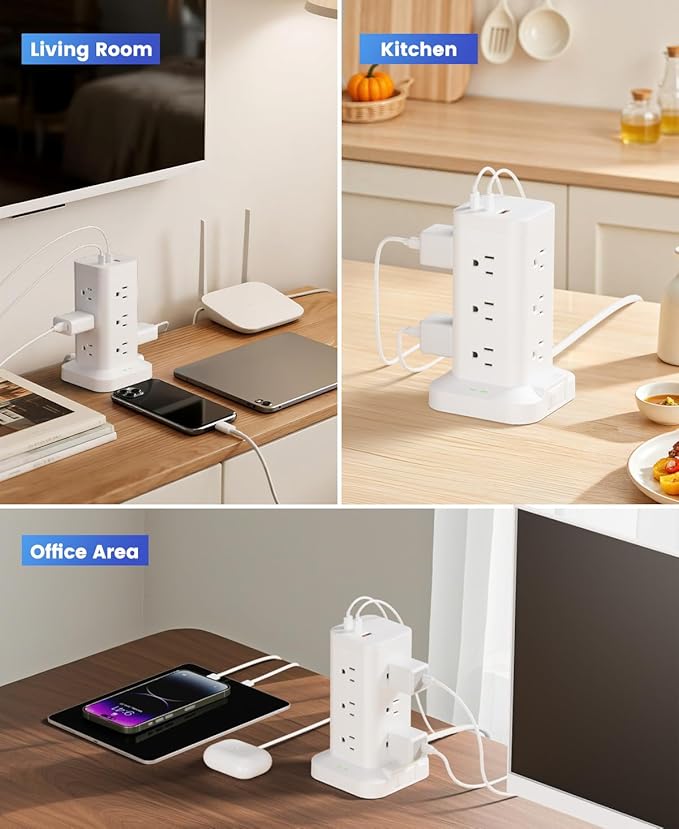 Power Strip Tower with Surge Protector 1800J, Fast Charging Tower PD20W USB-C Ports with 12 AC Outlets, 6ft Extension Cord for Home Office Dorm Room, White