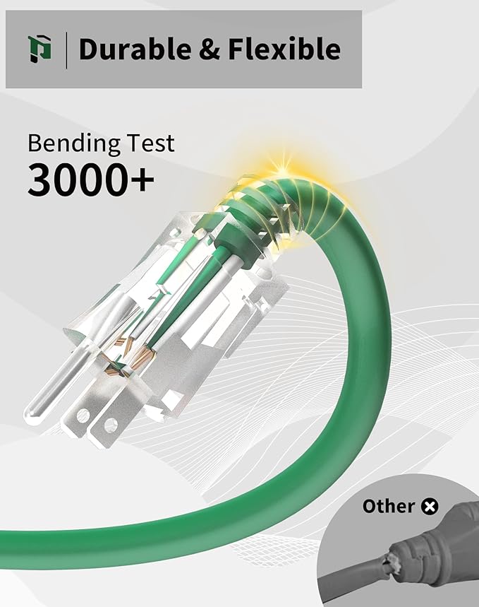 50Ft 12/3 Outdoor Extension Cord with 3-Outlets, Heavy Duty 12 Gauge 3 Prong Extension Cord Waterproof with Lighted end, 15A 12AWG 1875W SJTW, ETL Listed - Great for Garage, Garden and Home, Green