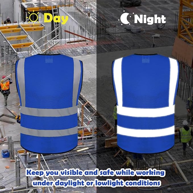 5 Pack Mesh Safety Vest Custom Logo Class 2 High Visibility Reflective Vest with Pockets Construction Security Work Vest Blue