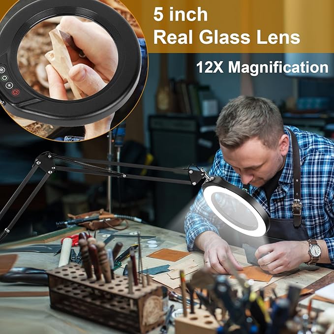VEEMAGNI 5 Inch Large Magnifying Glass with Light and Stand, 5 Color Modes Stepless Dimmable, 2*16 Inch Swivel Arm LED Clamp Desk Lamp, Hands Free 12X Lighted Magnifier for Close Work Crafts Soldering